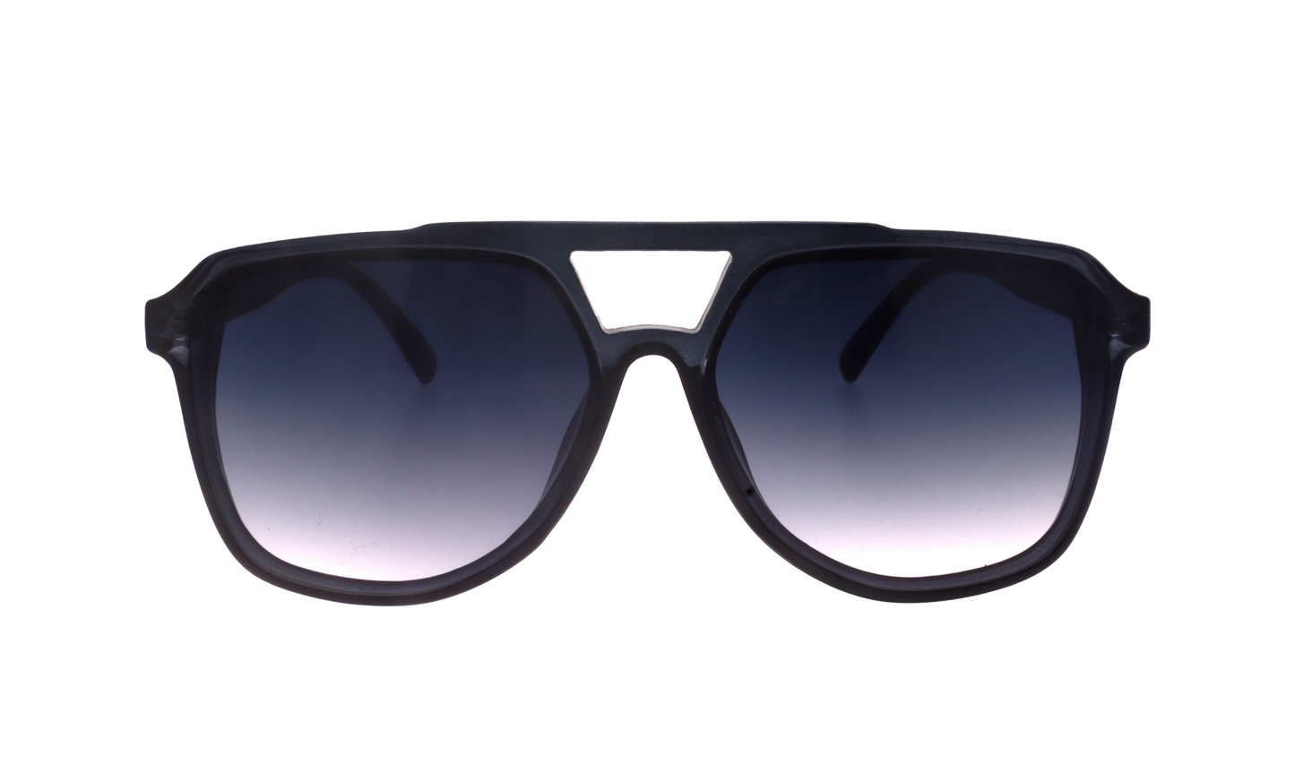 The Epoch Eyewear San Juan sunglasses feature a wide, angular aviator frame with dark gradient lenses, slightly rounded edges, and a geometric cutout above the nose bridge, shown against a white background.