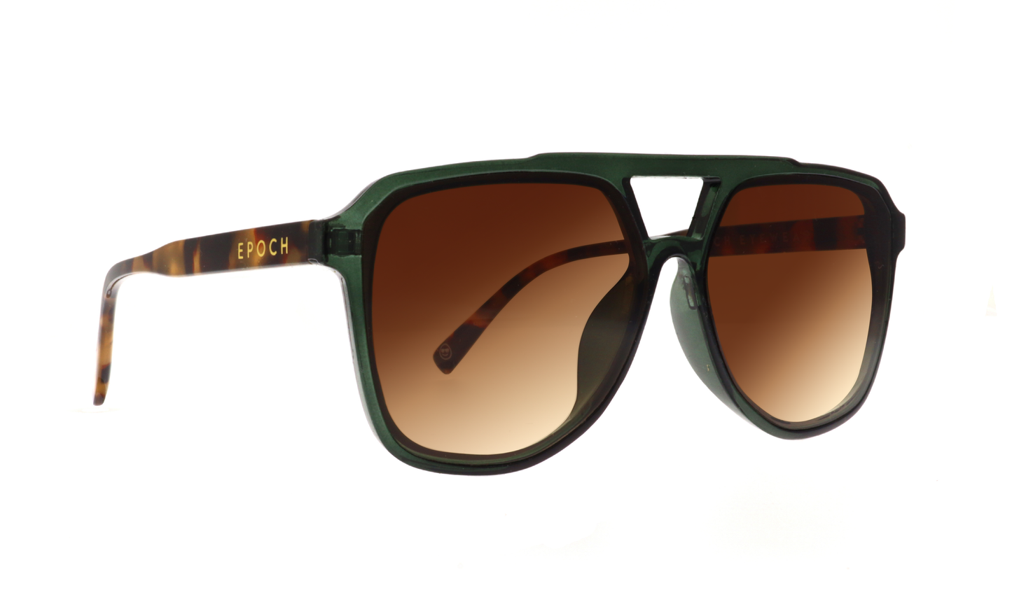 Epoch Eyewear San Juan sunglasses feature green thick frames, tortoiseshell-patterned arms with gold EPOCH branding, large teardrop aviator style, and brown gradient lenses—all shown on a white background.