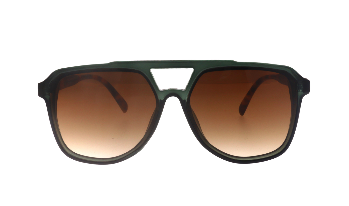 Front view of Epoch Eyewear's San Juan aviator sunglasses, featuring a dark green frame with a geometric bridge cutout and brown gradient lenses. The slightly visible arms and bold style pop against a plain white background.