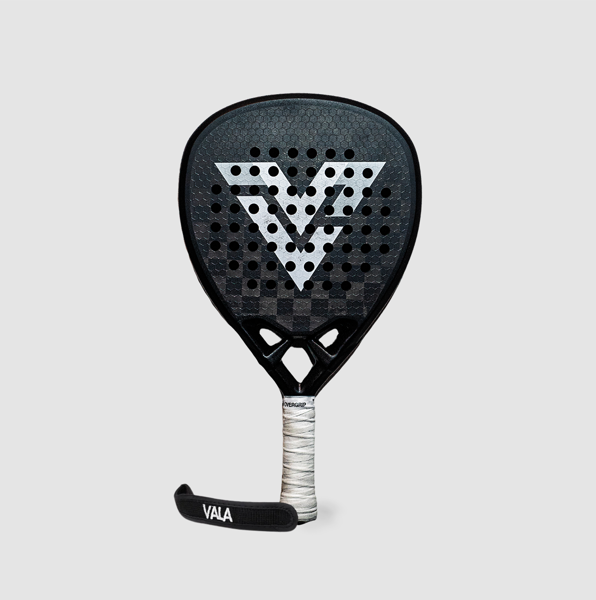 The VALA One Diamond (Black Edition) by VALA features an 18K carbon fiber face with circular holes, a textured surface, a large white V logo, white grip, and VALA wrist strap—ideal for competitive players. Shown on a light gray background.