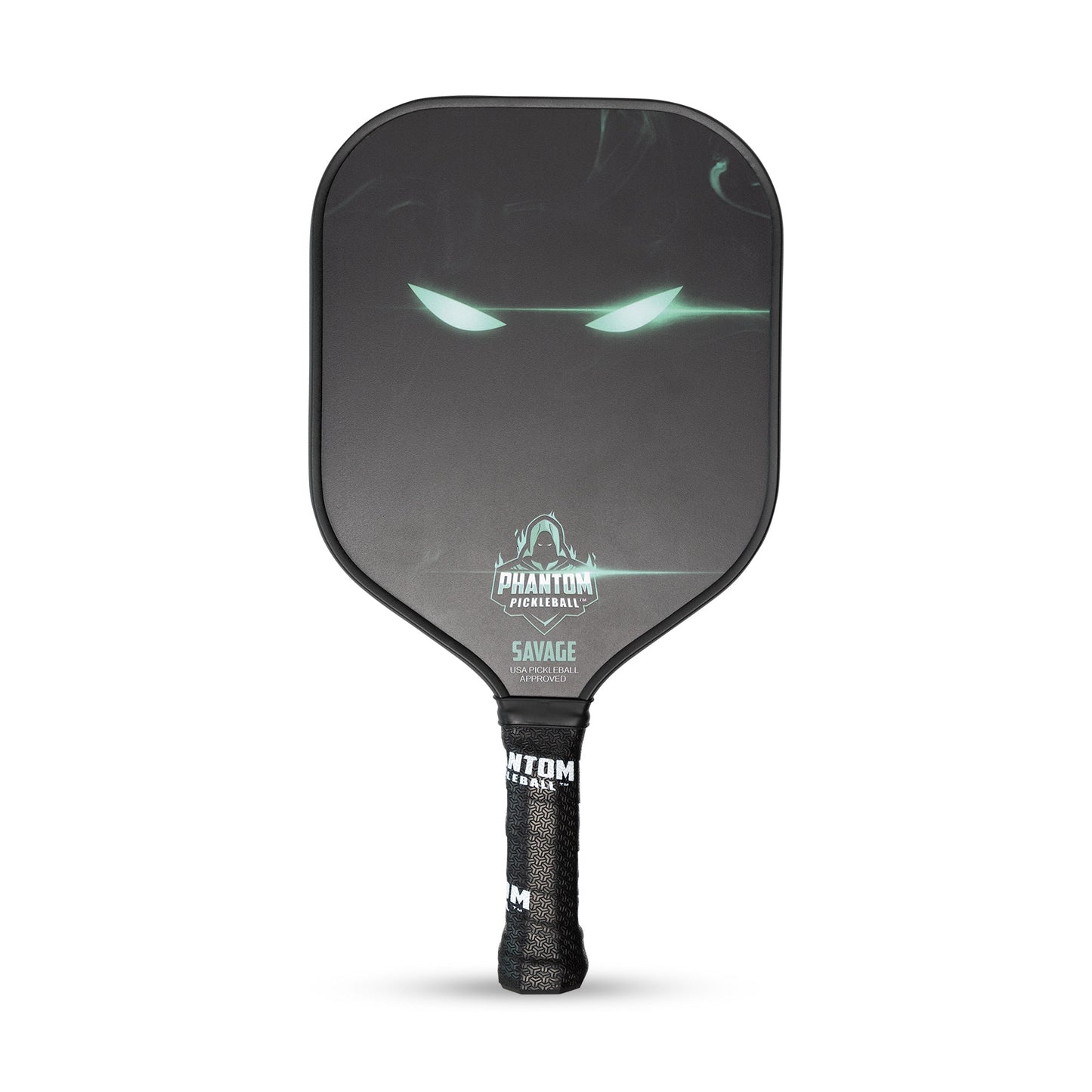 The PHANTOM SAVAGE 13MM T800 Carbon Fiber Pickleball Pro Paddle by Phantom Pickleball features a black face with glowing green eyes, the PHANTOM SAVAGE logo and "SAVAGE" below, plus a black grip with "PHANTOM" in white; includes cover.