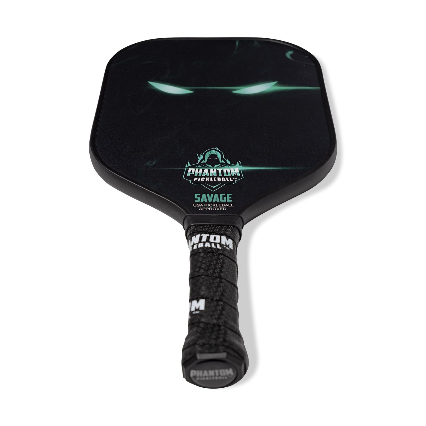 The PHANTOM SAVAGE 13MM T800 Carbon Fiber Pickleball Pro Paddle by Phantom Pickleball features glowing green eyes, faint green lines, a textured black grip with "Phantom" in white, and includes a cover.