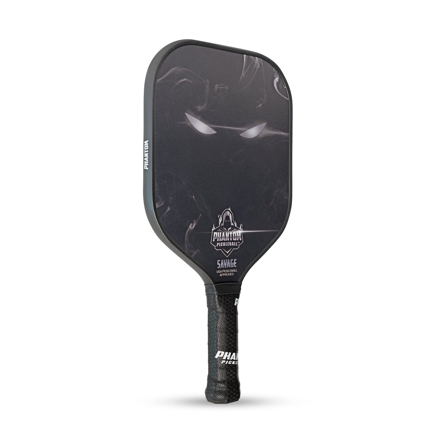 The PHANTOM SAVAGE 13MM T800 Carbon Fiber Pickleball Pro Paddle by Phantom Pickleball features a black matte finish, glowing eyes, swirling smoke artwork, and "PHANTOM SAVAGE" and "Savage" printed in white above a textured grip handle.