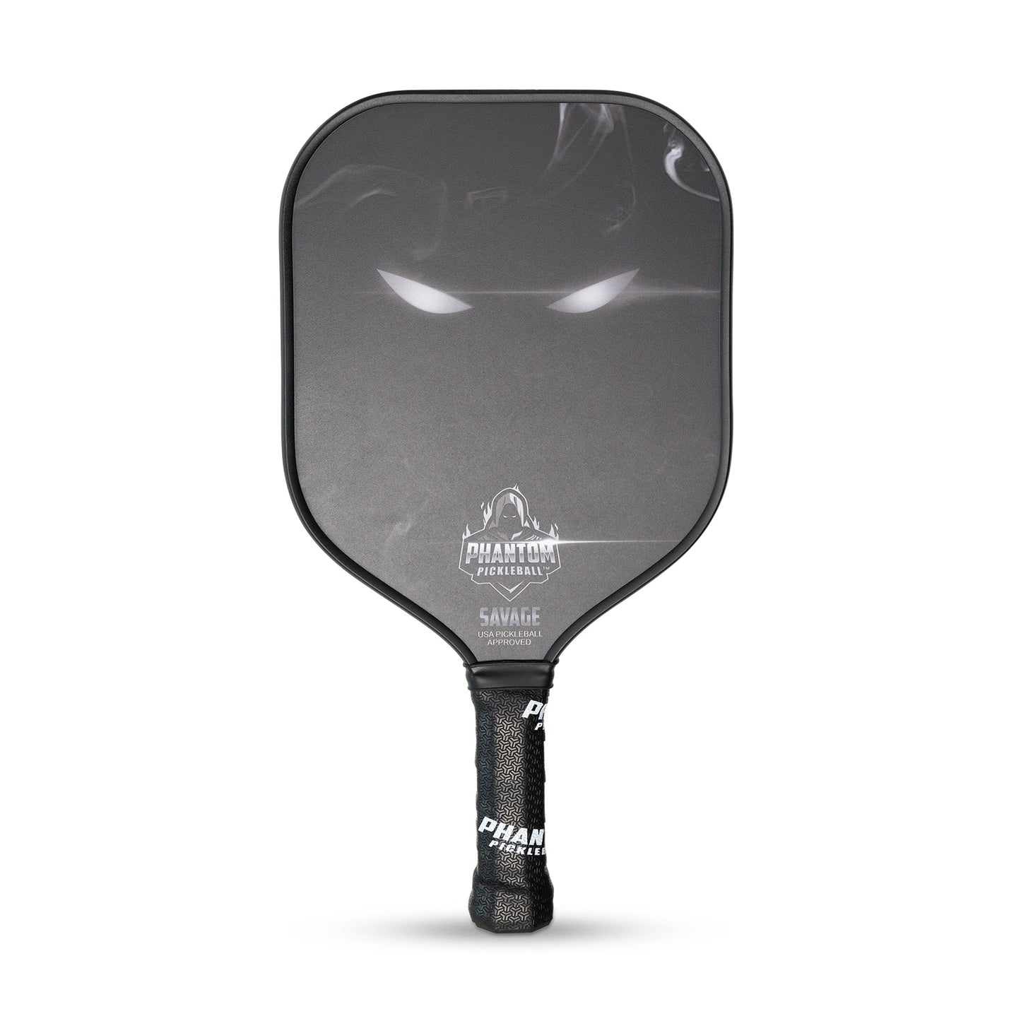 The PHANTOM SAVAGE 13MM T800 Carbon Fiber Pickleball Pro Paddle by Phantom Pickleball features a black face with two glowing white eyes, faint smoke above the hooded logo, and a black grip with white “PHANTOM” text. Cover included.