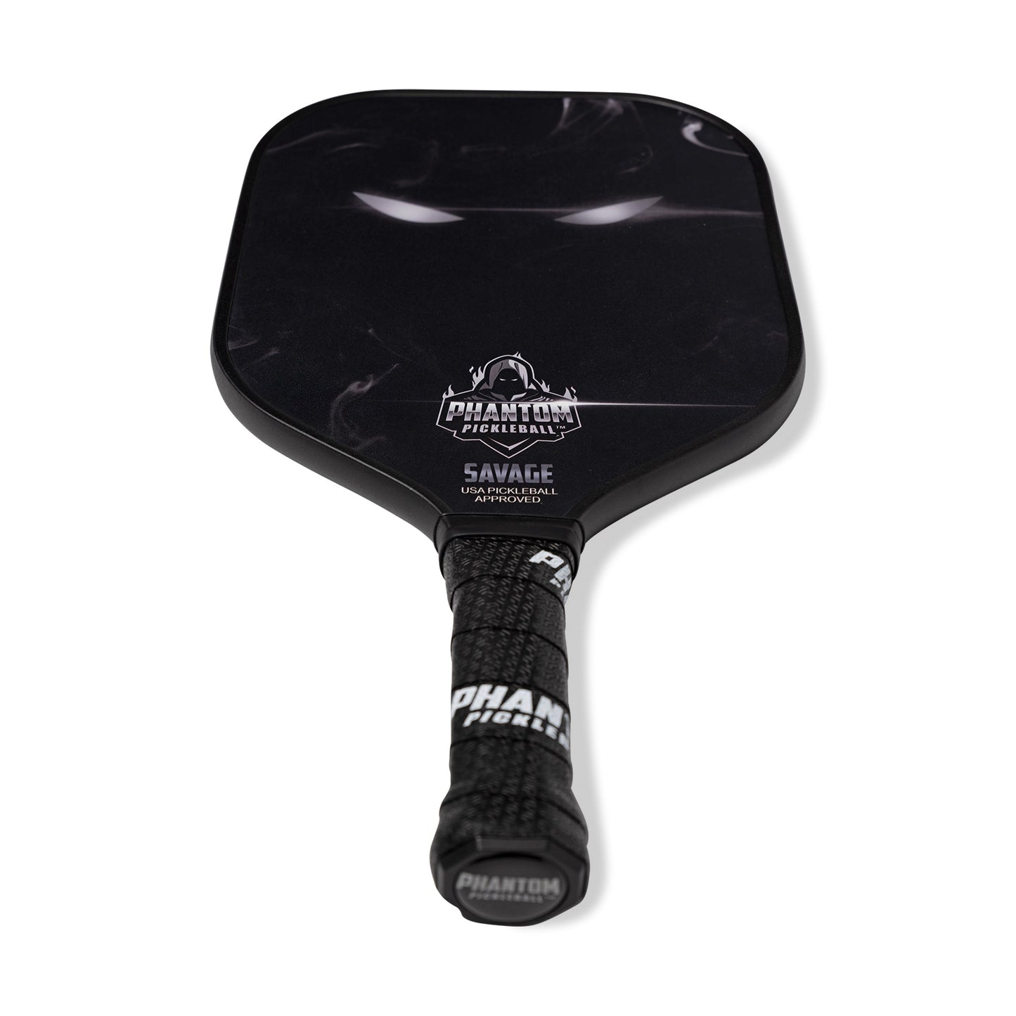 The PHANTOM SAVAGE 13MM T800 Carbon Fiber Pickleball Pro Paddle by Phantom Pickleball features a striking black phantom face design, textured black "Phantom" grip tape, and the brand logo above the handle. Includes a cover.