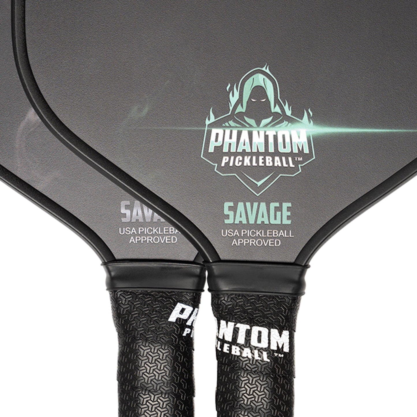 Two Phantom Pickleball PHANTOM SAVAGE 13MM T800 Carbon Fiber Pro Paddles overlap, featuring the hooded figure logo above PHANTOM PICKLEBALL, USA Pickleball Approved labels, and textured black grips. Includes paddle cover.