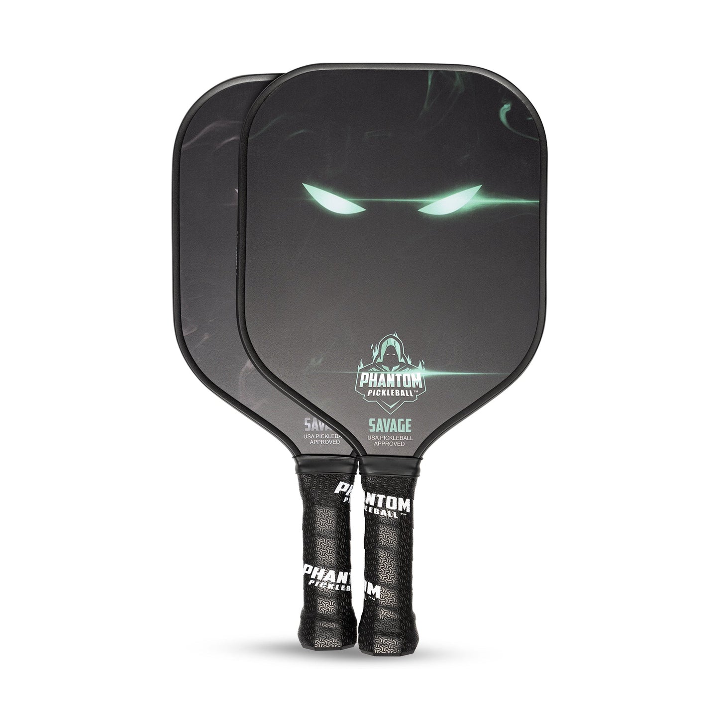 Two PHANTOM SAVAGE 13MM T800 Carbon Fiber Pickleball Pro Paddles by Phantom Pickleball stand upright, overlapping. Each has glowing green eyes, a ghostly logo with “SAVAGE”, black textured handles, and “PHANTOM” in white. Includes cover.