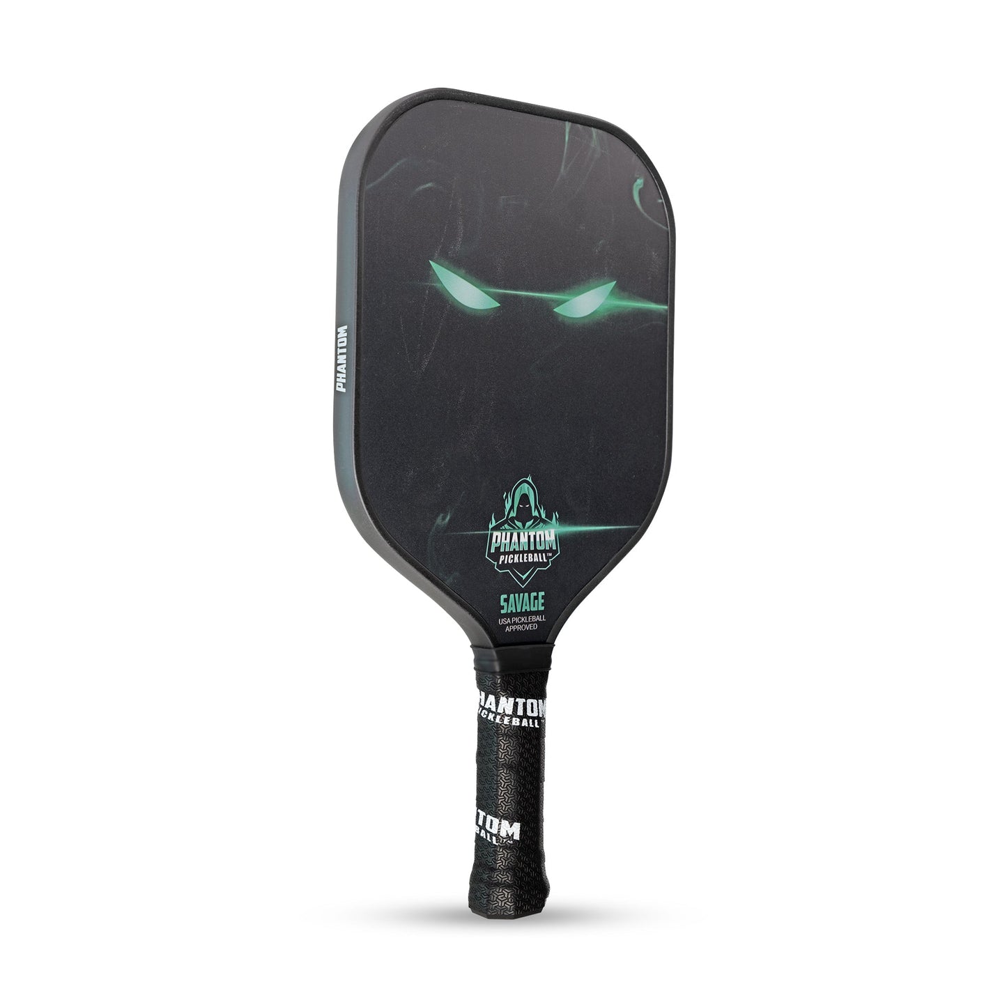 The PHANTOM SAVAGE 13MM T800 Carbon Fiber Pickleball Pro Paddle by Phantom Pickleball features a matte black finish, glowing green eyes, PHANTOM SAVAGE graphics, and a black grip labeled “PHANTOM PICKLEBALL.” Paddle shown upright on white background.