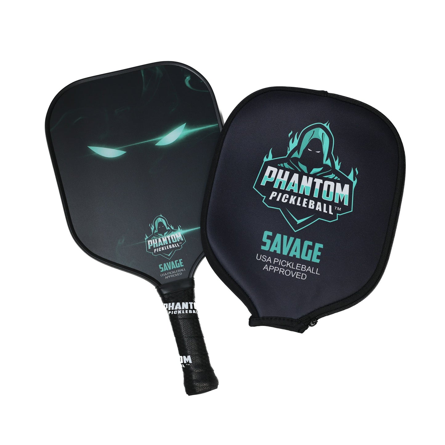 The PHANTOM SAVAGE 13MM T800 Carbon Fiber Pickleball Pro Paddle with Cover by Phantom Pickleball showcases a green glowing masked figure and features the "Phantom Savage" logo, plus "USA PICKLEBALL APPROVED," in striking teal and white.