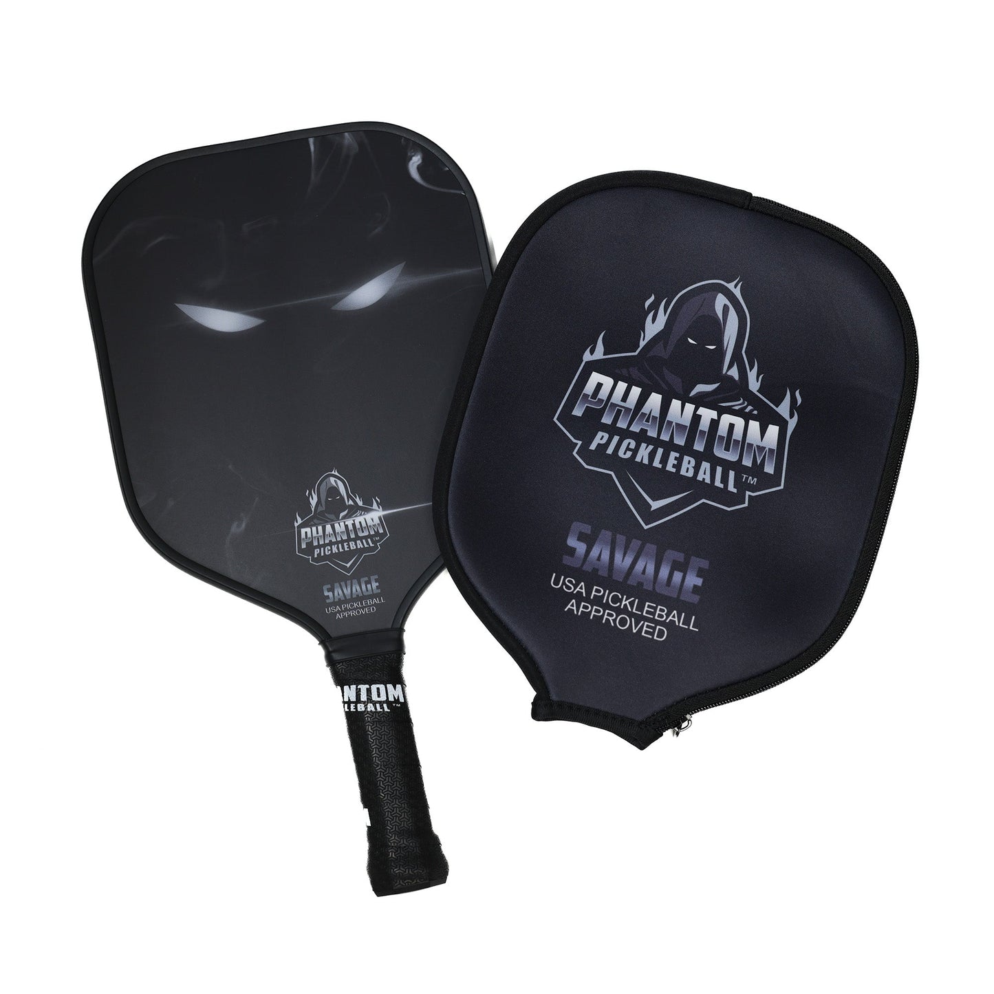 The PHANTOM SAVAGE 13MM T800 Carbon Fiber Pickleball Pro Paddle by Phantom Pickleball rests beside its matching cover, both featuring the brand’s logo and "USA Pickleball Approved" text in white, set against a white background.