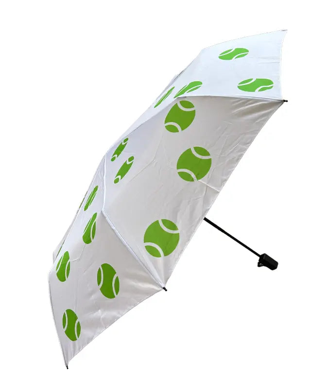 The Runway Athletics Umbrella - Green Tennis Balls features a custom 21-inch, 8-panel canopy with green tennis balls, a black handle, and comes individually packaged. Shown open against a plain white background, it delivers a sporty, playful look.