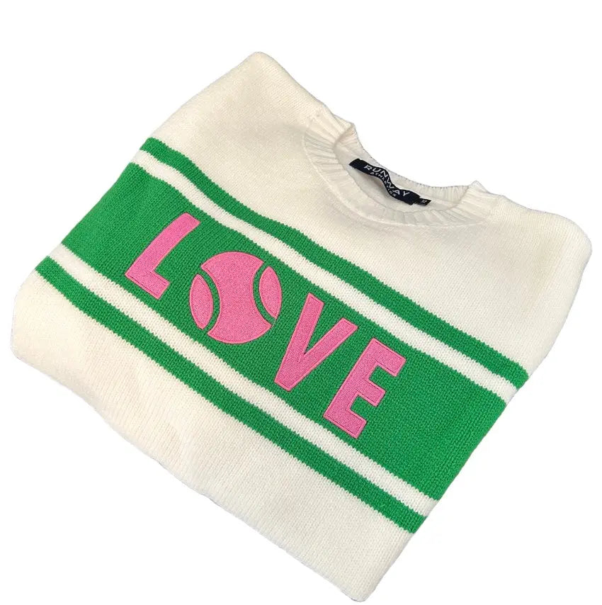 Show your team spirit in the LOVE Sweater by Runway Athletics, featuring pink, green, and cream colors with a playful tennis design and classic crew neck style.