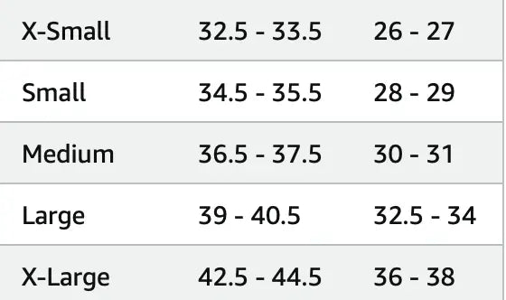 The Runway Athletics Apres Tennis Sweater size chart (an ideal gift) lists X-Small at 32.5–33.5 and 26–27, up to X-Large at 42.5–44.5 and 36–38, with two measurements per size from X-Small to X-Large.