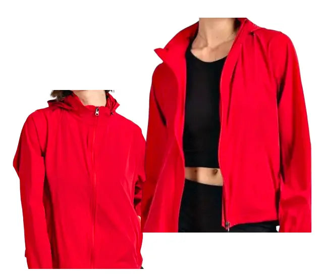 Two people wear the Runway Athletics Lightweight Red Hot Zip Up Hoodie—one fully zipped with the hood up, the other unzipped over a black crop top. Both are shown from shoulders to waist, facing forward.