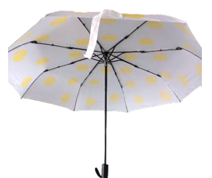 The Runway Athletics Umbrella - Yellow Tennis Balls features an open 8-panel white canopy decorated with yellow tennis balls, a black frame and handle for contrast, and a white closure strap. The background is plain white.