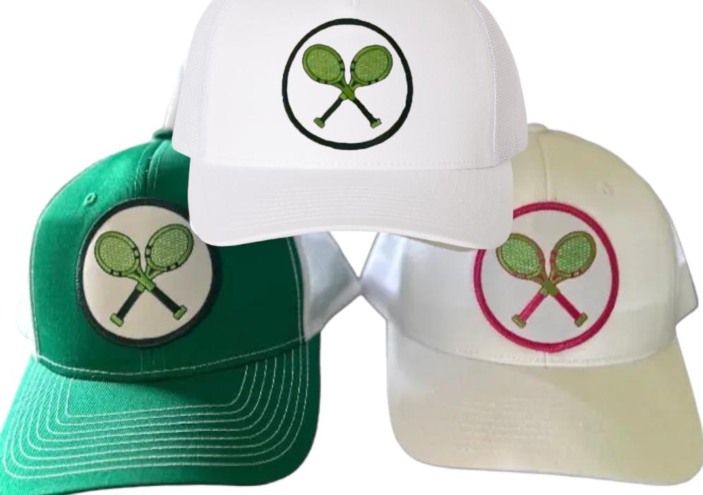 The Runway Athletics Embroidered Patch Hats by Runway Athletics include a green hat and two white hats featuring tennis racket patches in green and pink circles, displayed in overlapping country club style.