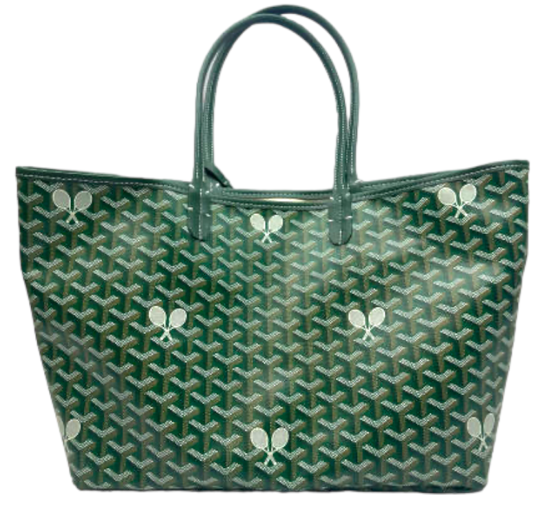 The Whimsy Tennis Lovers Large Tote - Green by Runway Athletics is a lightweight, eco-friendly bag made from recycled hemp canvas. It features two handles, a geometric “Y” pattern, and white tennis racket motifs for sporty style.