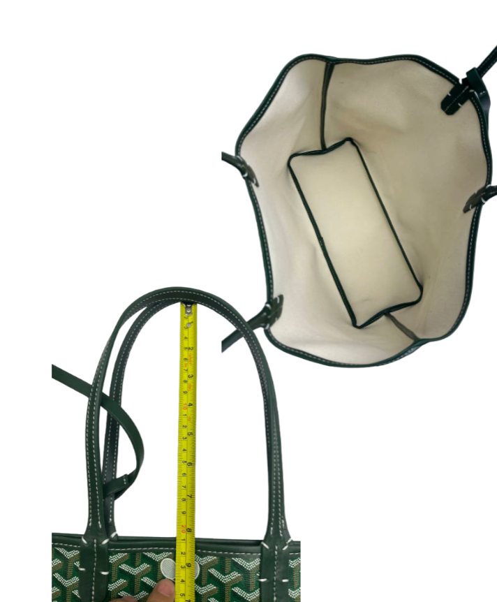 The Whimsy Tennis Lovers Large Tote - Green by Runway Athletics is shown with white lining, an open interior, and a recycled hemp canvas base insert. One image features a yellow tape measure measuring the handle drop length.
