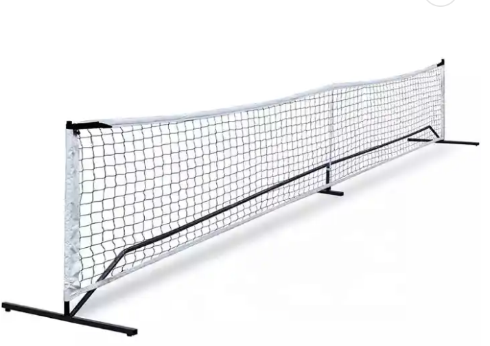 The Big Dink - Portable Pickleball Net by The Big Dink is a regulation-size, travel-friendly net with black mesh, white top tape, and a sturdy black metal frame. It stands freestanding against a white background, slightly sagging in the center.