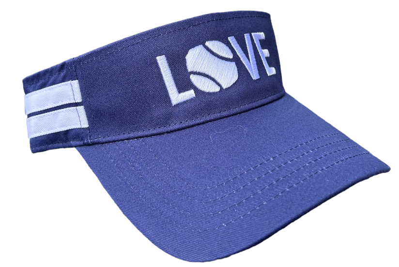 The Runway Athletics Striped Cotton Canvas LOVE Visor features navy fabric, white “LOVE” embroidery with a tennis ball “O,” side stripes, sun protection, and a curved brim for stylish play.