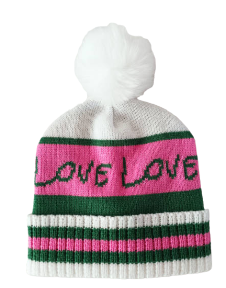 The LOVE LOVE Tennis Beanie by Runway Athletics is a hand-knitted winter beanie with green, pink, and white stripes, a white pom-pom, and bold pink and green "LOVE" lettering—perfect for cozy tennis fans.