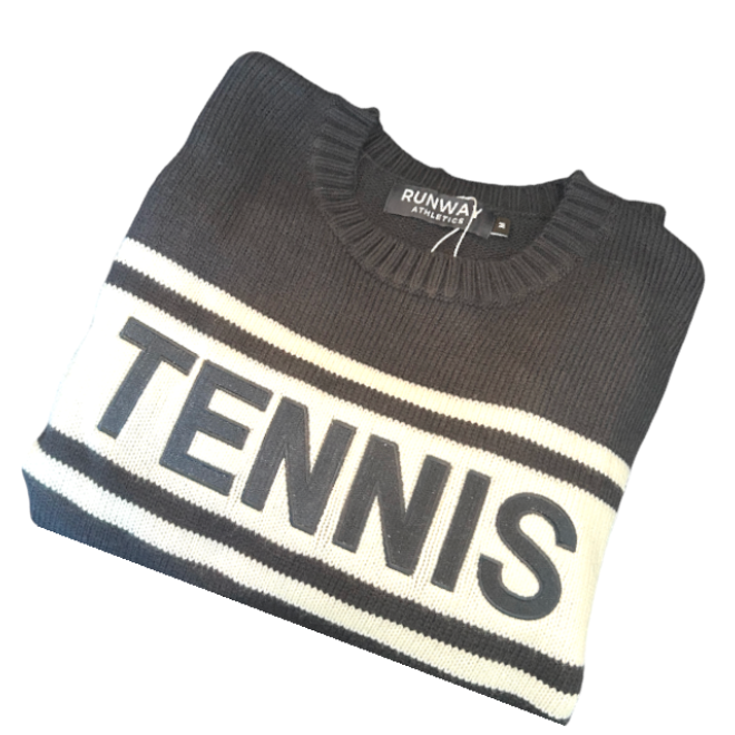 The Classic TENNIS Sweater in navy by Runway Athletics is folded neatly on a white background, highlighting its timeless and minimalist style.