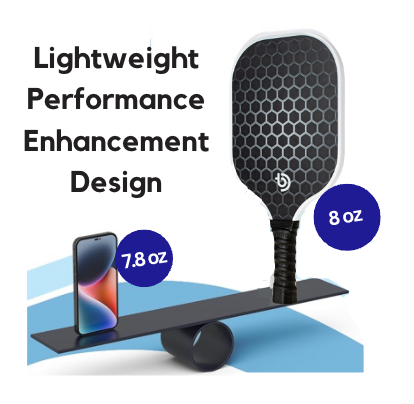 A carbon fiber pickleball paddle from The Big Dink Bundle by The Big Dink, labeled “8 oz,” balances against a “7.8 oz” smartphone. Text: “Lightweight Performance Enhancement Design,” ideal for those seeking beginner pickleball paddles.