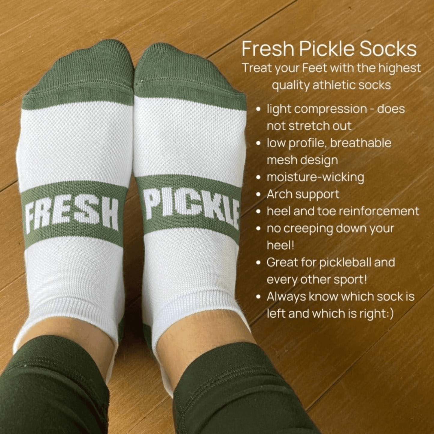 A person wears Fresh Pickle Pickleball Socks—white with green toes, heels, and a "FRESH PICKLE" band. Side-by-side feet on wood floor. Features: compression, arch support, moisture-wicking fabric, and labeled left/right foot.