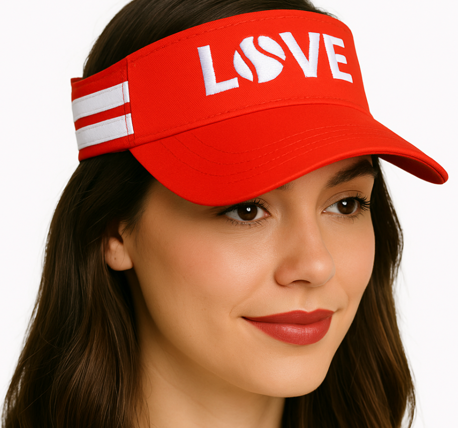 A woman with long brown hair models the Runway Athletics Striped Cotton Canvas LOVE Visor—red with white "LOVE" text featuring a tennis ball O—showcasing this stylish, adjustable sun protection accessory against a white background.