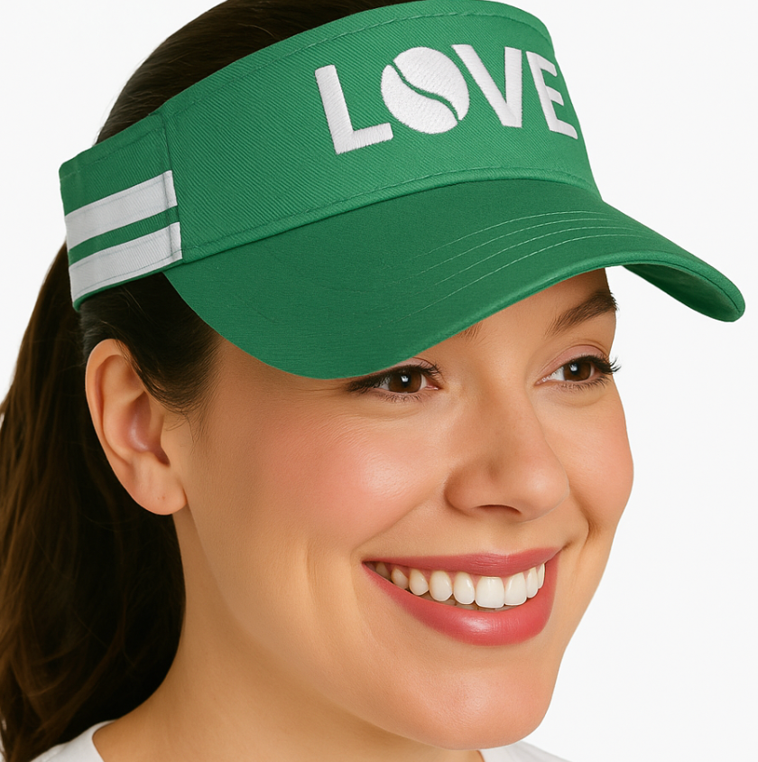 A smiling woman models the Runway Athletics Striped Cotton Canvas LOVE Visor in green, with "LOVE" in white (the "O" as a tennis ball), against a white background. She has smooth skin and straight brown hair, shown from the shoulders up.