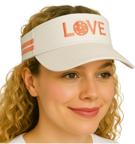 A woman with curly blonde hair wears the Runway Athletics Pickleball Visor - White & Pink, featuring sun protection, pink side stripes, and "LOVE" embroidered on the front with a pink pickleball as the O. She smiles slightly, looking off to the side.