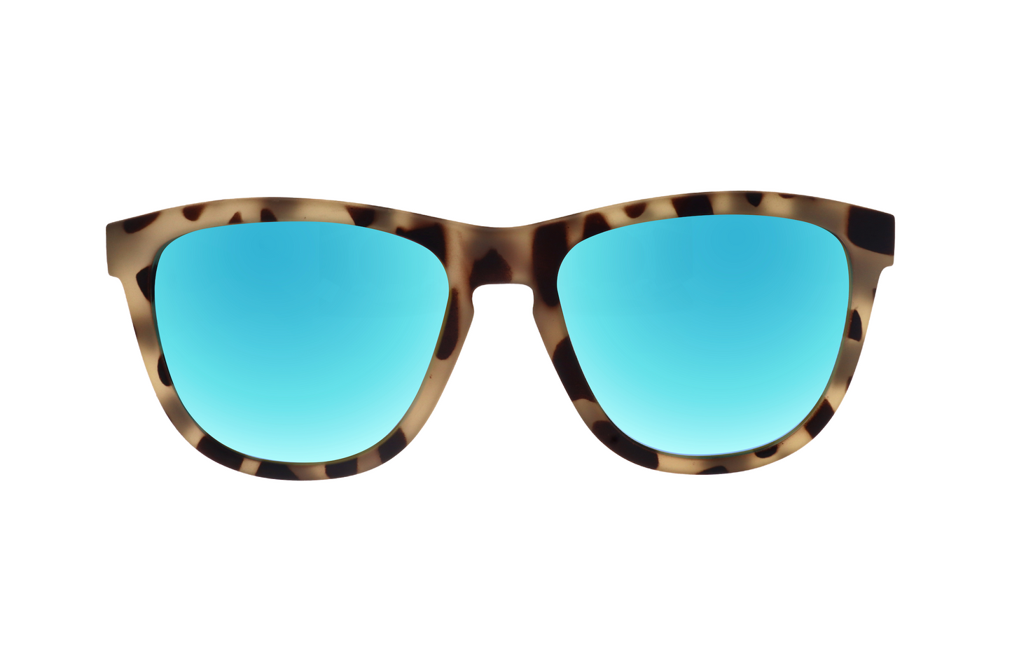 Epoch Eyewear VIBE sunglasses feature rounded square frames with a tortoiseshell brown and tan pattern and bright blue mirrored lenses, shown against a plain white background.