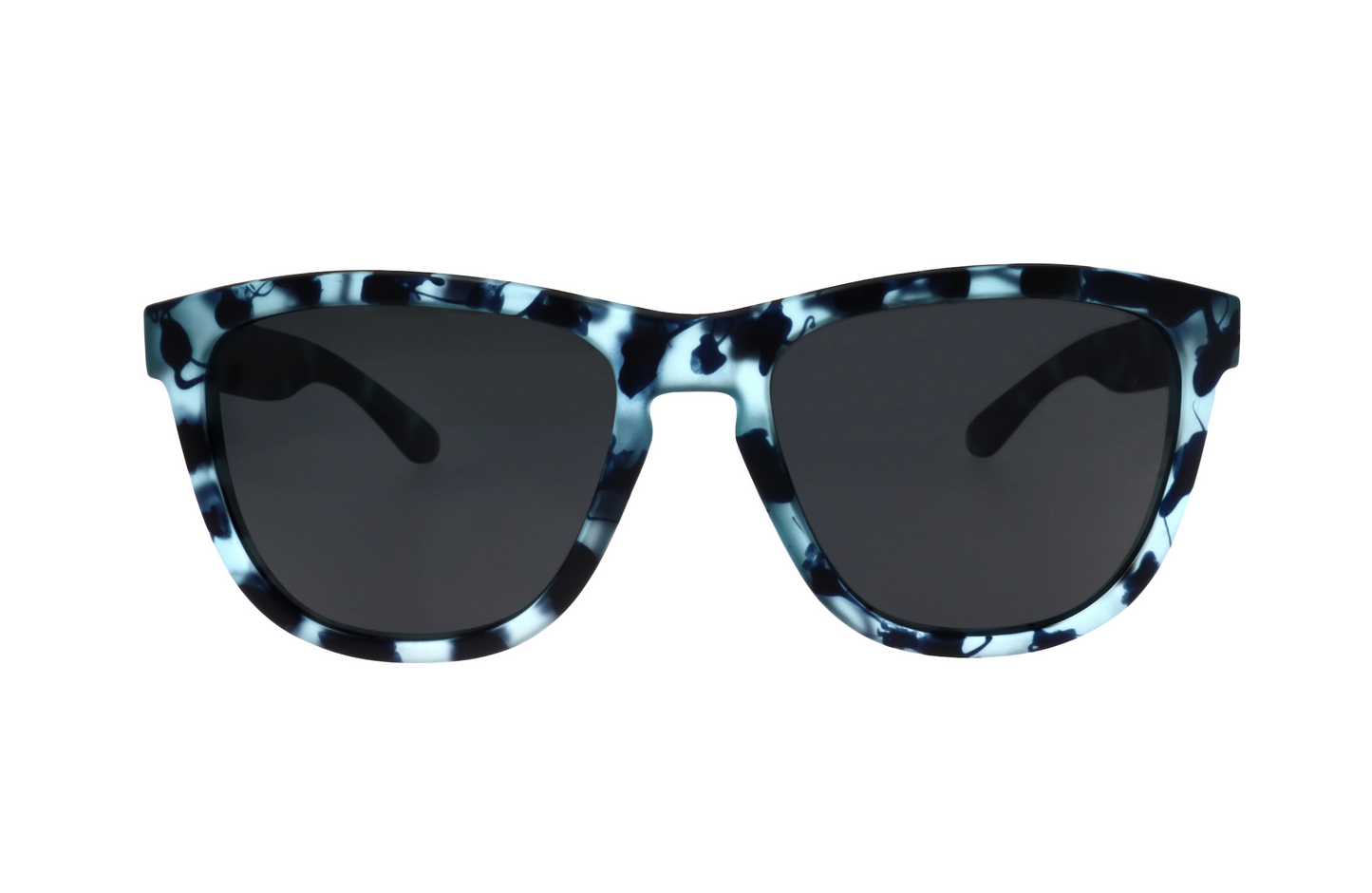 The VIBE sunglasses by Epoch Eyewear feature a blue and black tortoiseshell pattern, dark rectangular polarized lenses, and a thick glossy frame, photographed facing forward on a white background.