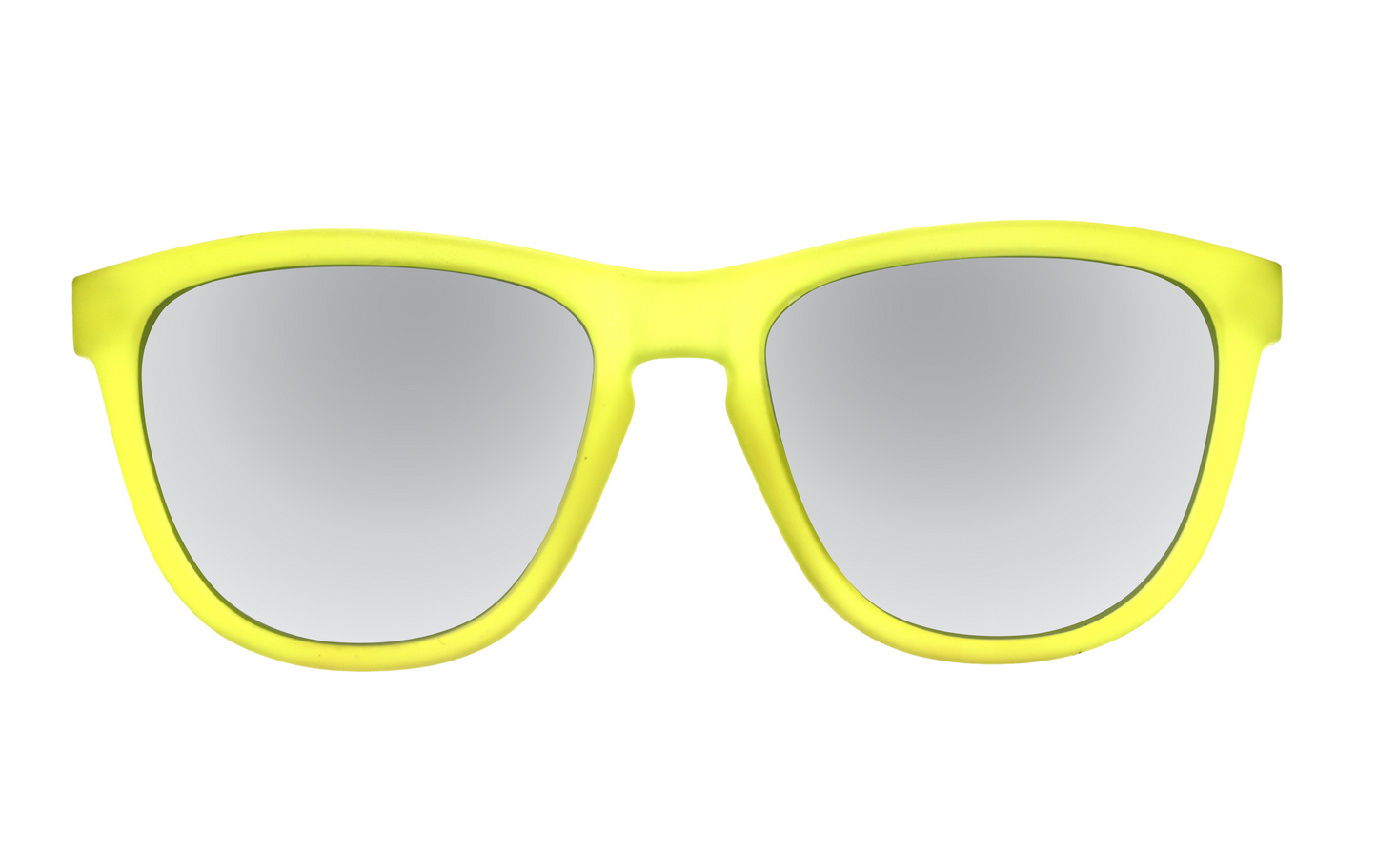 The Epoch Eyewear VIBE sunglasses feature yellow matte-finish frames with large, slightly rounded rectangular shapes and reflective silver-tinted polarized lenses. Shown front-facing on a plain white background with clear, well-lit details.