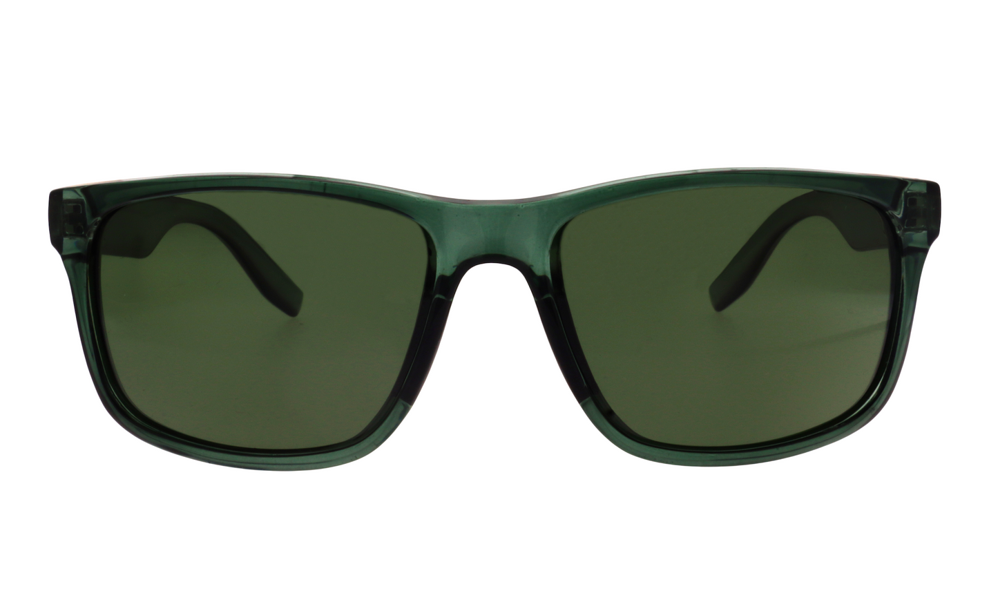 Epoch Eyewear Delta sunglasses feature rectangular, dark green, glossy frames with dark tinted lenses. Lightweight and comfortable, their temples curve gently backward. Shown from the front on a white background.