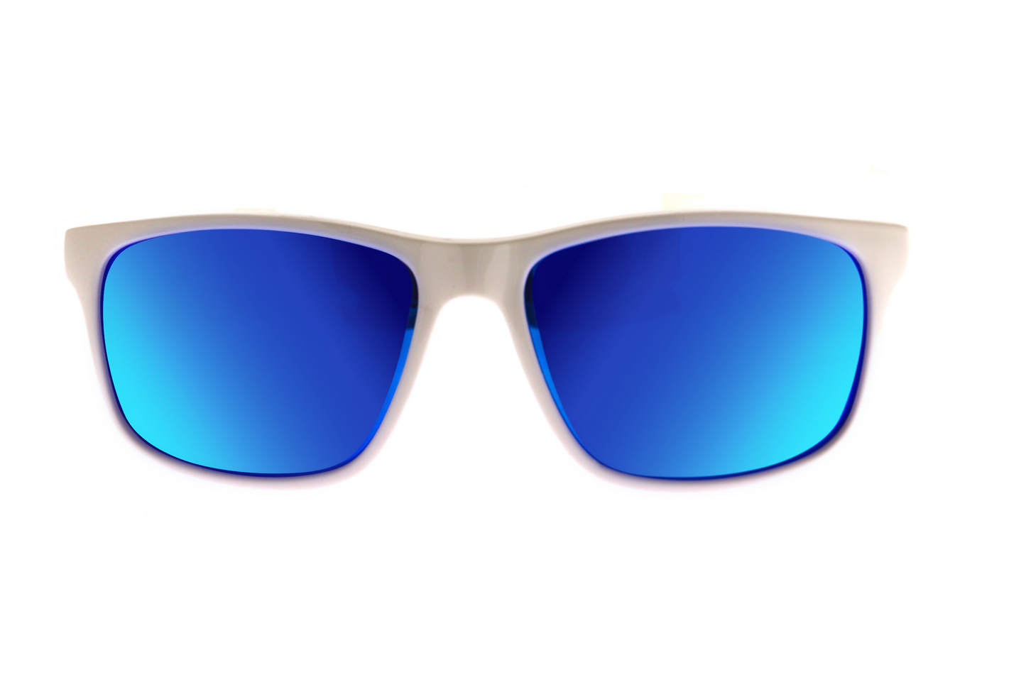 The Delta sunglasses by Epoch Eyewear feature a lightweight white frame and bold blue mirrored lenses, showcased against a plain white background to emphasize their vivid colors and modern design.