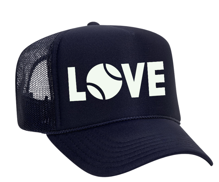 The LOVE Tennis Navy Trucker Hat by Runway Athletics features white text, an adjustable snap closure for a perfect fit, and added sun protection.