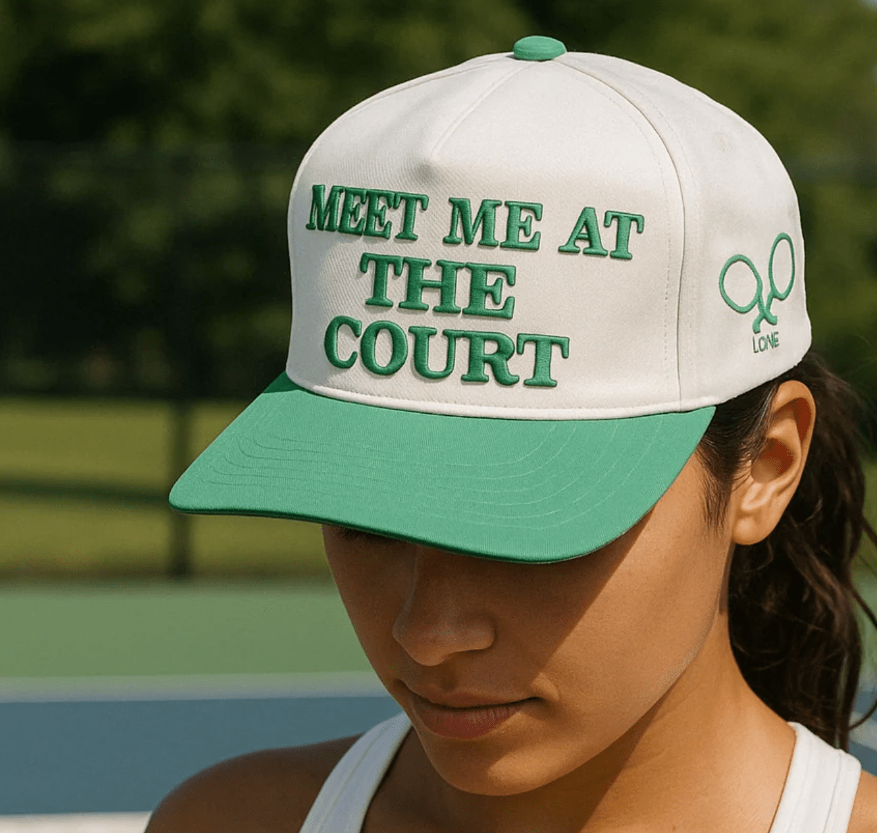 A woman wearing the Meet Me At The Court Hat by LUXE Pickleball, a stylish white and green snapback perfect for sun protection.