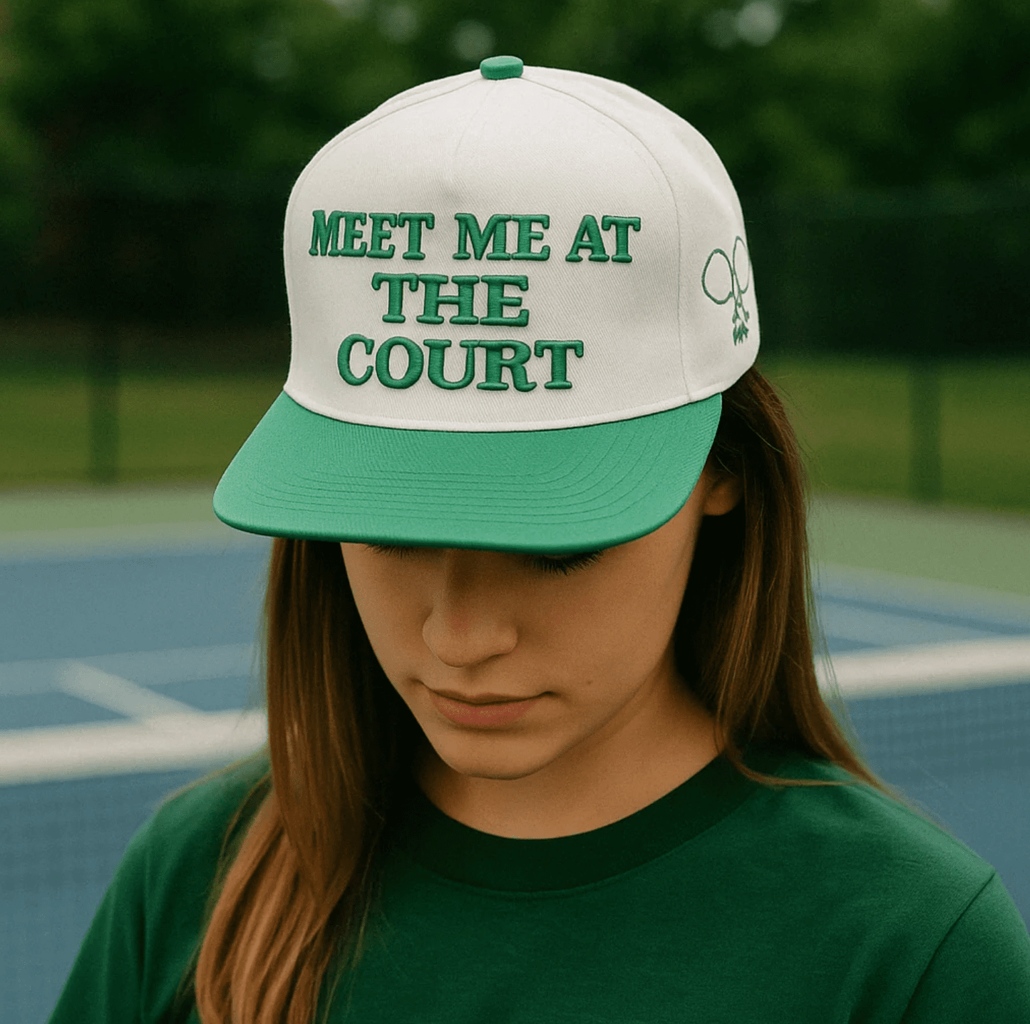 A person wears the LUXE Pickleball Meet Me At The Court Hat—green and white with “MEET ME AT THE COURT” plus a tennis racquet and ball graphic—while standing by a blue court, enjoying style and sun protection.