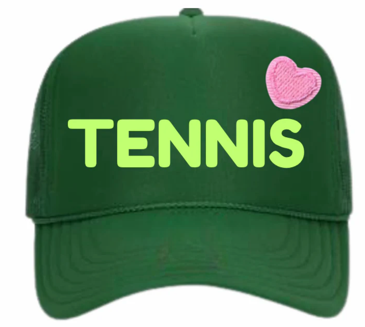 The "Green with 'Tennis' Envy - Gift Set" by Runway Athletics features a green hat with bold light green "TENNIS" embroidery and a pink heart patch on the front—an ideal gift for tennis fans!.