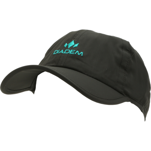 The Diadem Sports Drycore Select Hat is a black, lightweight polyester cap with a curved brim and teal embroidered DIADEM logo and crown on the front. Moisture-resistant tech keeps you comfortable during athletic or casual wear. Shown on a plain white background.