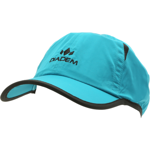 The Diadem Sports Drycore Select Hat is a bright blue, lightweight polyester cap with a black Diadem logo and text on the front, black trim on the curved brim, side ventilation, moisture-resistant tech, and a plain white background.
