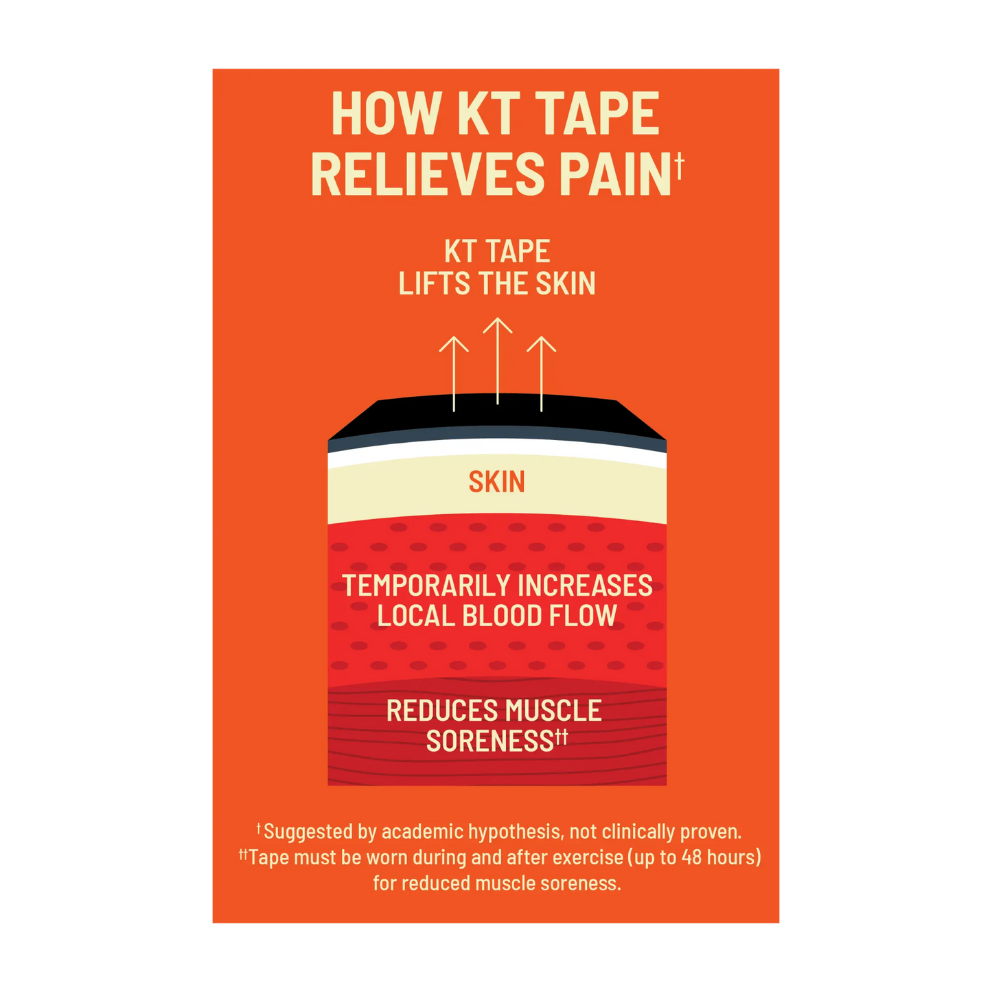 An infographic titled "How KT Tape Sensitive Skin Relieves Pain" by KT Tape shows skin layers with gentle kinesiology tape lifting the top layer. Arrows highlight lifted skin, better blood flow, and less muscle soreness. Disclaimer: academic hypothesis, not proven clinically.