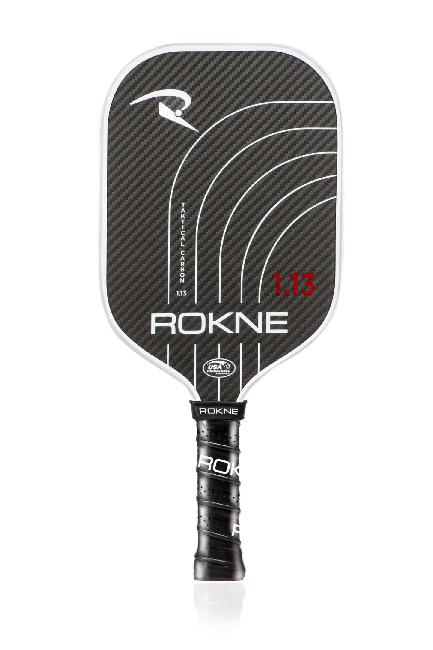 The ROKNE TAKTICAL CARBON 1.13 (13MM) is a black carbon fiber pickleball paddle with a thermoformed edge, curved white lines, red “1.13” text, white ROKNE logo, black grip with white branding, and a white border on a plain background.
