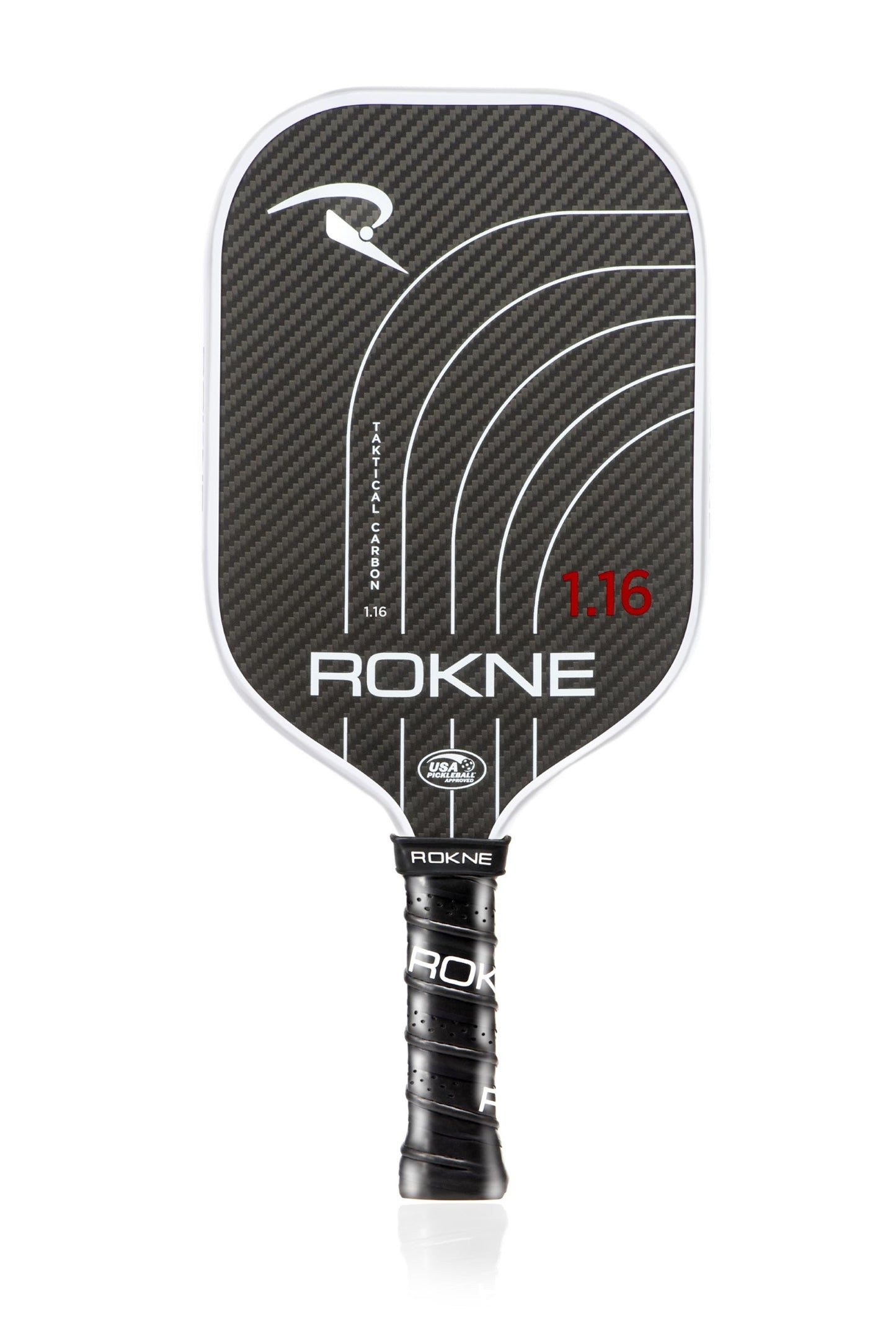 The ROKNE TAKTICAL CARBON 1.16 (16MM) pickleball paddle features a black carbon fiber face, bold white ROKNE logo, curved white lines, red 1.16 detail, thermoformed edge, textured black grip with white trim—all set against a plain white background.