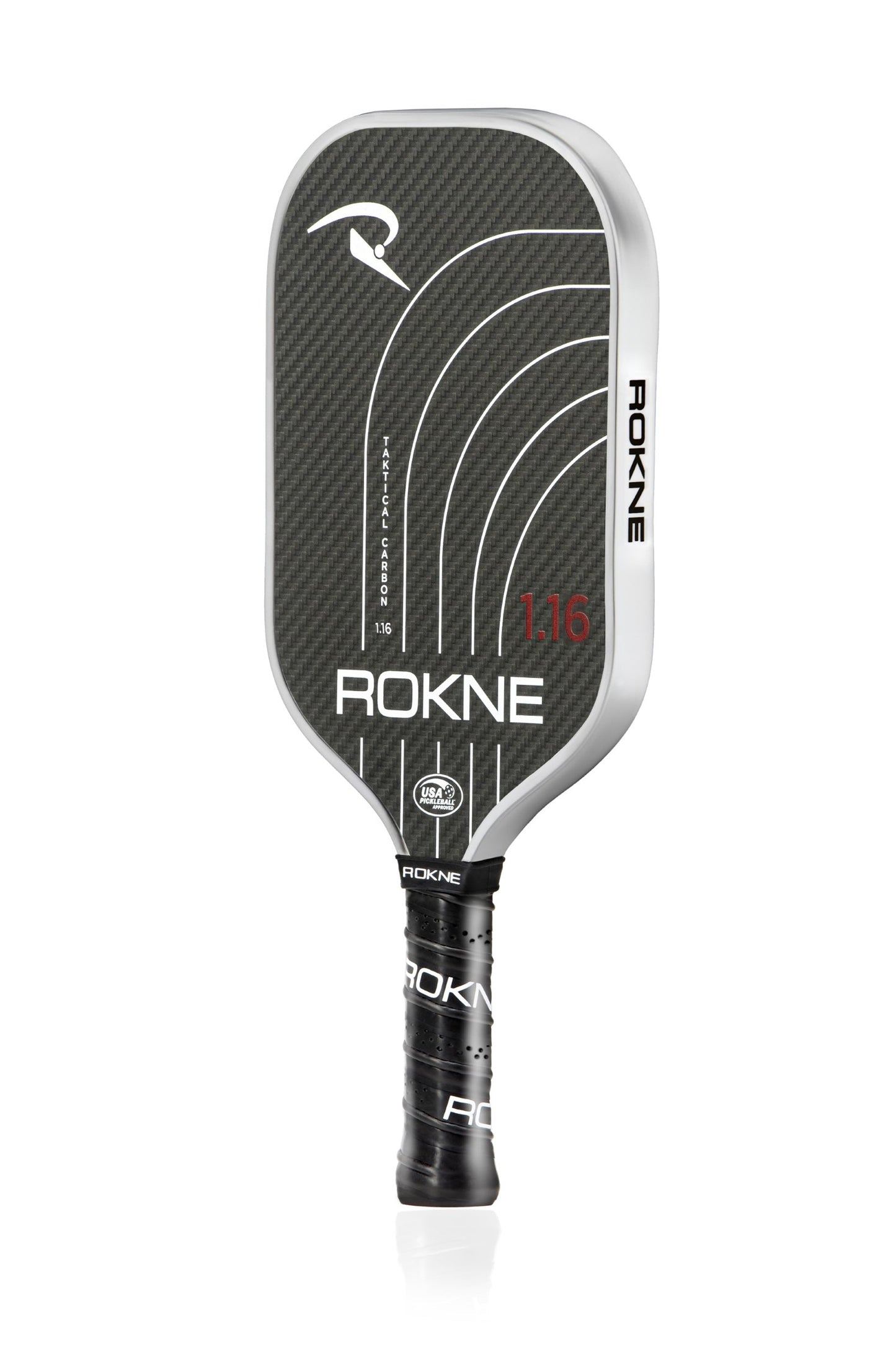 The ROKNE TAKTICAL CARBON 1.16 (16MM) is a black and gray carbon fiber pickleball paddle with a textured face, white/red lettering, stylized R logo, curved white lines, and a black grip with white accents, shown on a white background.