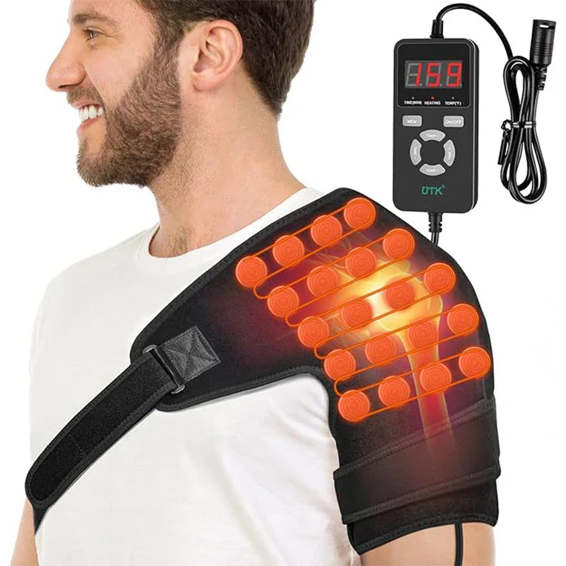 A smiling man wears the iReliev Wearable Far Infrared Heating Pad for Shoulder Pain Relief on his right shoulder. The black wrap features glowing heating elements, a digital controller showing 69.9°F, and a strap securing it in place.