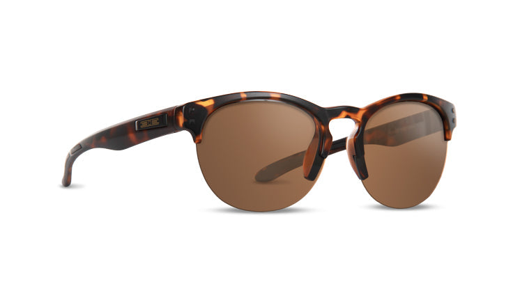 The Sierra by Epoch Eyewear features a glossy tortoiseshell frame, rounded brown lenses, and a keyhole bridge. Unisex with a small metallic logo near the hinges, these sunglasses are displayed on a plain white background.