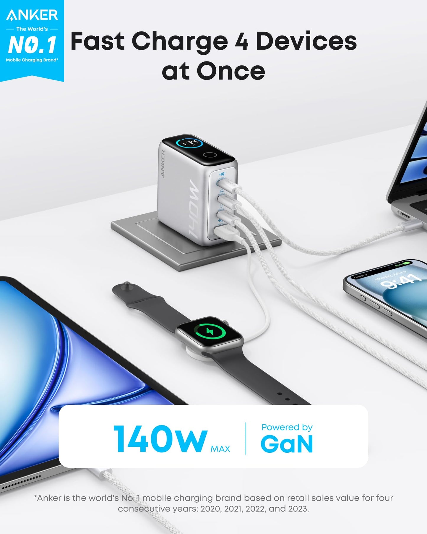 A silver Anker Charger (140W, 4-Port, PD 3.1) with USB-C cable powers a phone, smartwatch, and laptop on a table. Text reads: “Fast Charge 4 Devices at Once,” “140W Max,” and “Powered by GaN Technology.”.