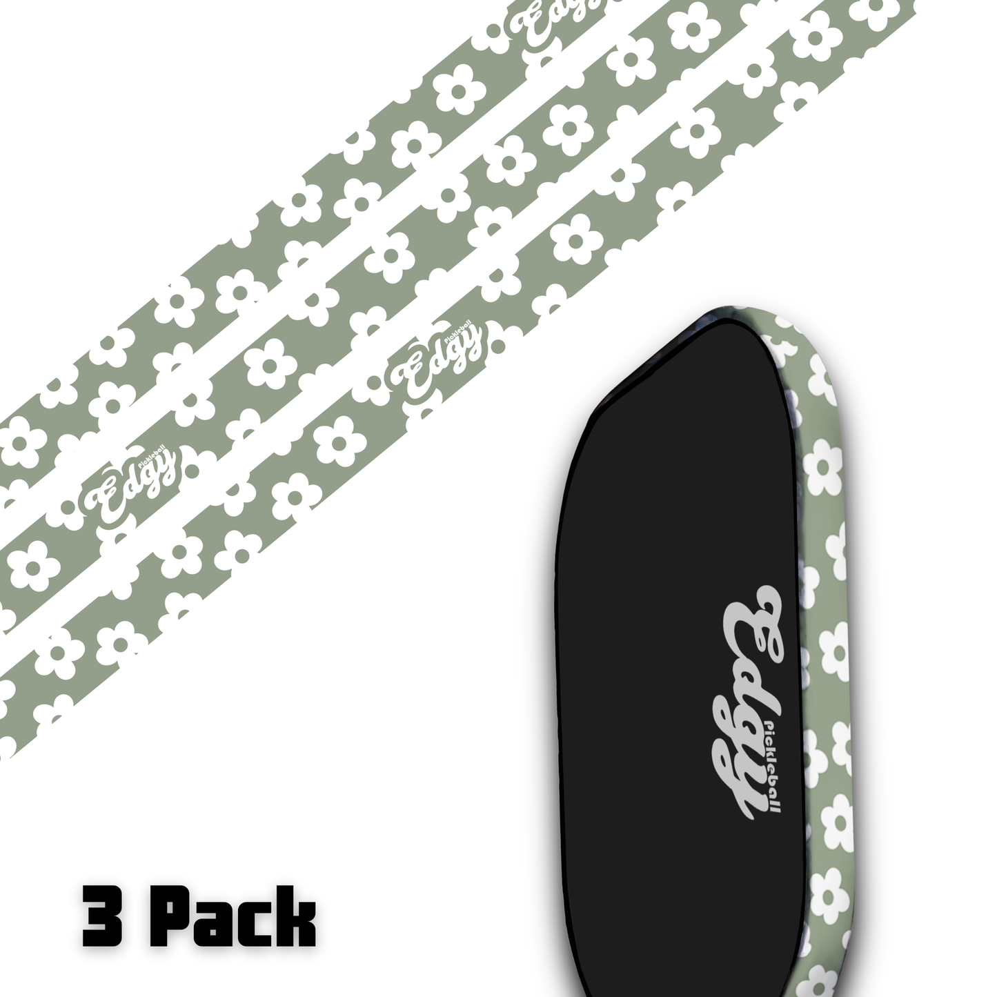 The Green Floral Edge Tape (3 pack) by Edgy Pickleball features grip tapes with white flowers and "Edgy" text, displayed on a black paddle. "3 Pack" appears in bold at the bottom left—an ideal cute accessory for your pickleball gear.